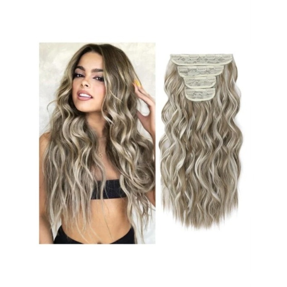 REECHO 4PCS Clip In Hair Extensions HE001 Light Ash Brown Highlights 20" Wavy